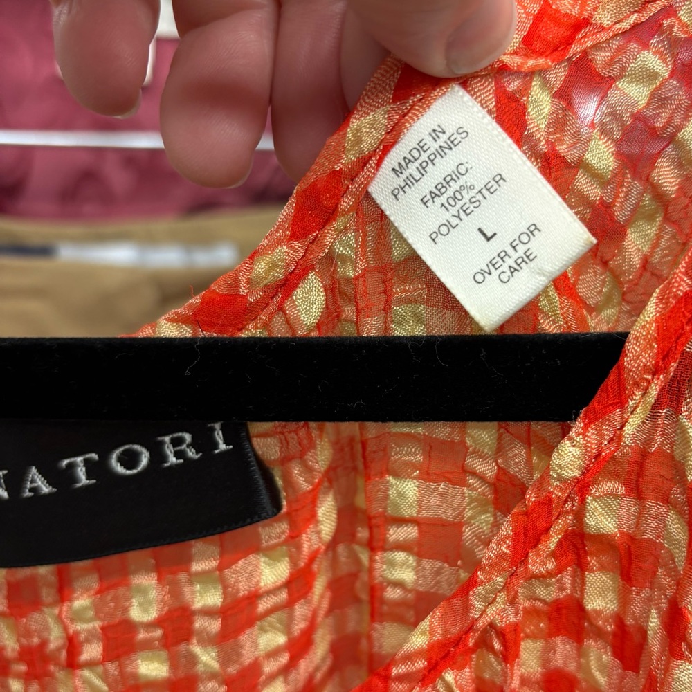 Semi sheer Natori maxi dress, orange and yellow gingham. Large - Picture 10 of 11